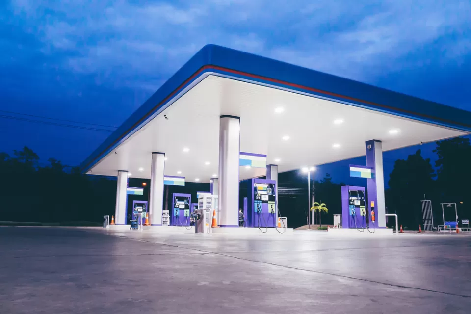 Nighttime view of empty gas station